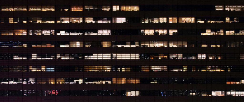 Nighttime view of Kyobo building facade in Jongro district, Seoul, South Korea