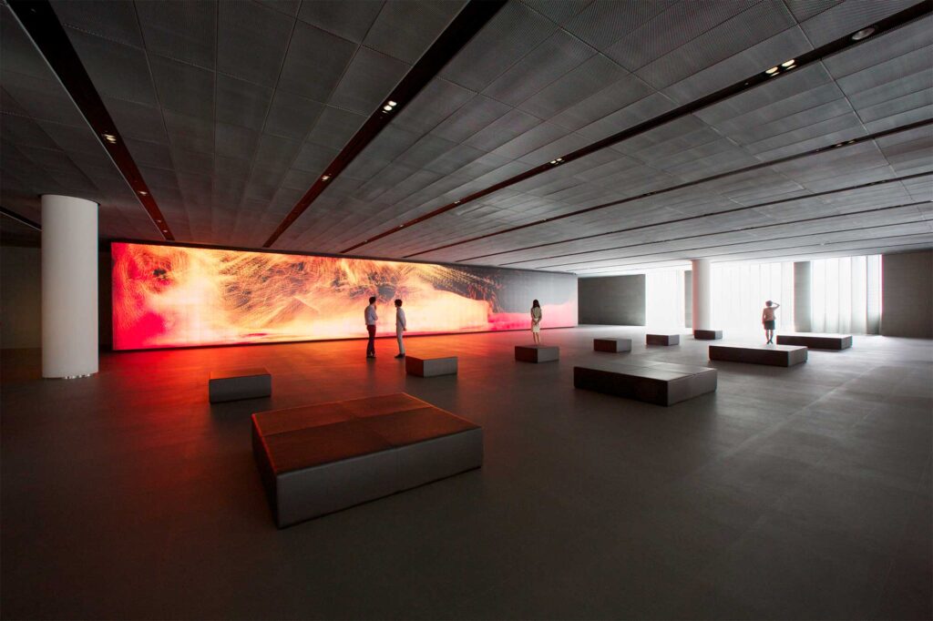 Wide shot of the Vision Hall Media Wall, showcasing Universal Everything's moving art piece at Hyundai Motor Group University, Mabuk Campus, South Korea