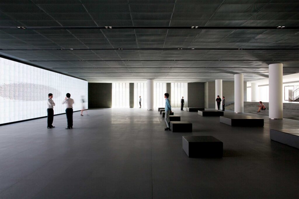 Visitors gather at the Vision Hall Media Wall at Hyundai Motor Group University, Mabuk Campus, South Korea