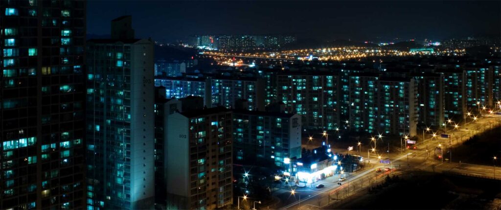 Nighttime view of high-rise apartments in Seoul, South Korea
