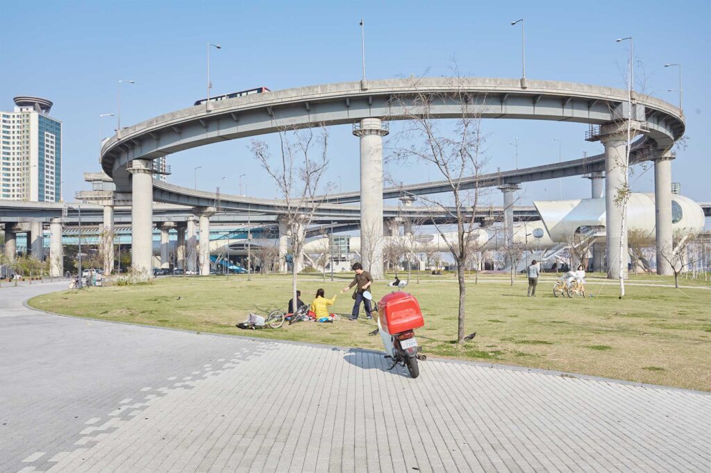 A round fly-over circling above Ttukseom Park in Seoul, South Korea.