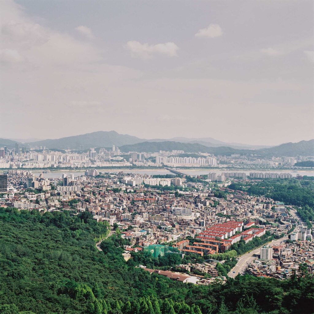 View from Namsan Tower in Seoul, South Korea, facing south with the Itaewon district extending towards the Han River