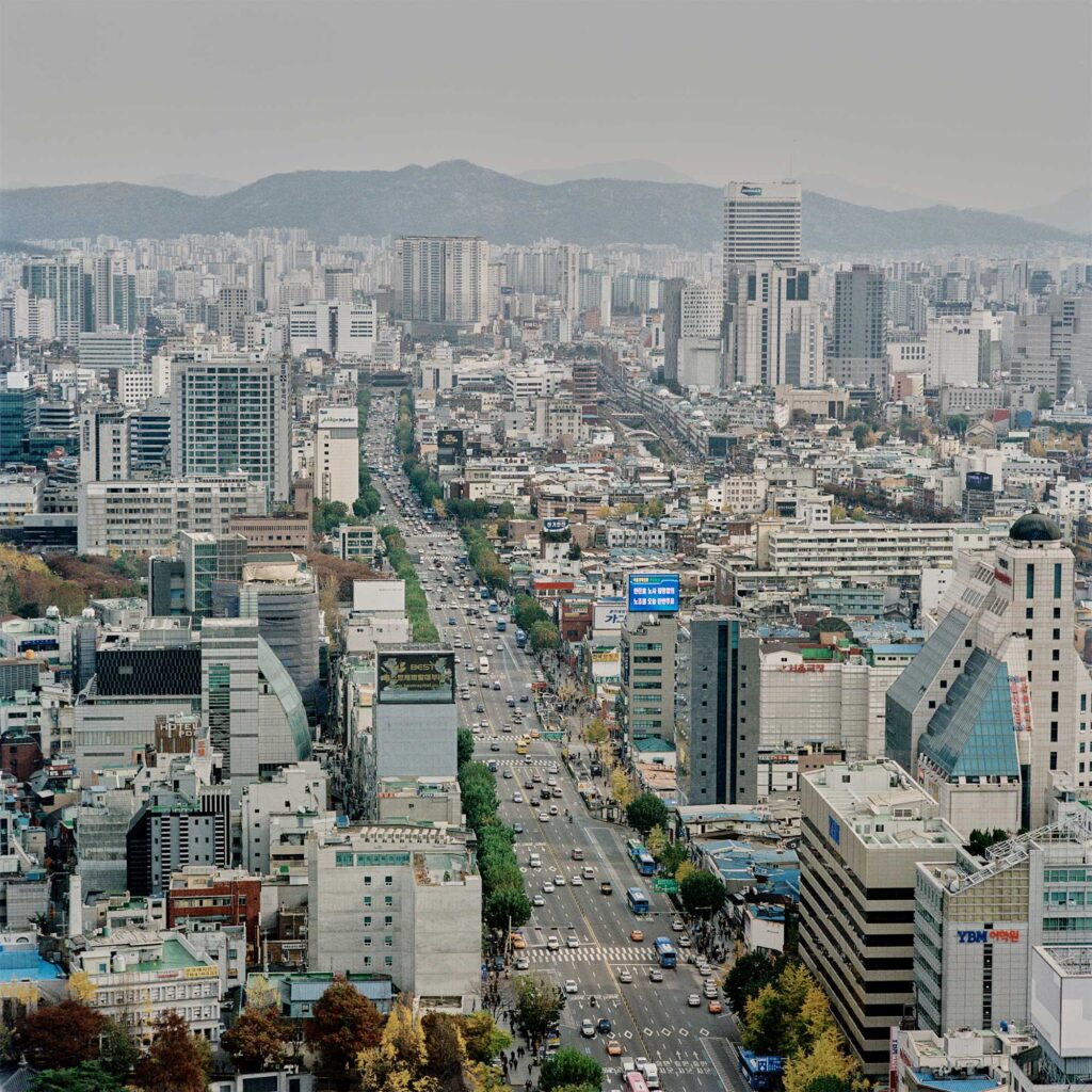 A daytime view of Jongro road and district in Seoul, South Korea, captured from a high vantage point