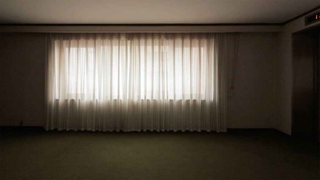 Illuminated curtain in hotel corridor, Pyongyang, North Korea