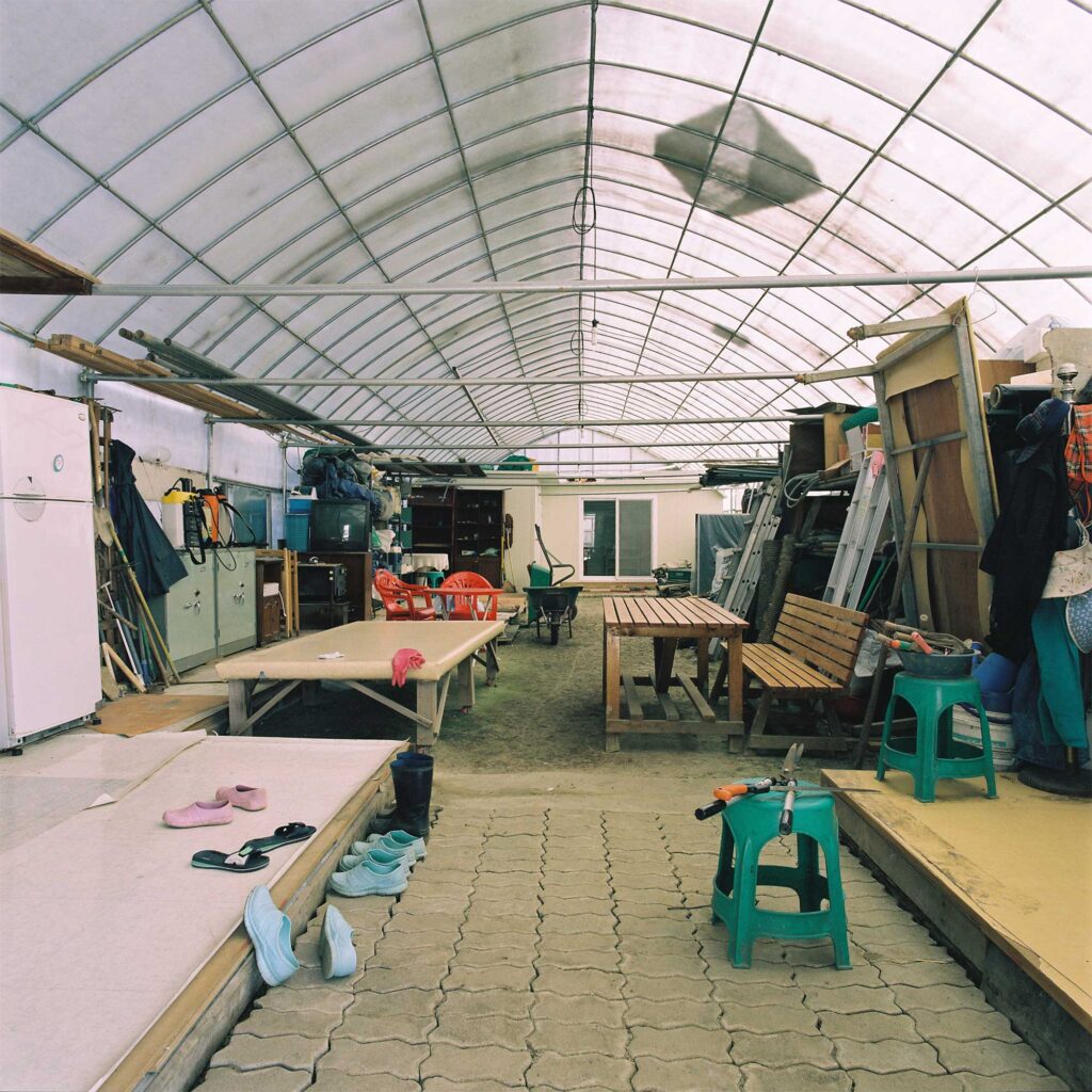 A repurposed greenhouse serves as a combined living and storage space in the outskirts of Seoul, South Korea
