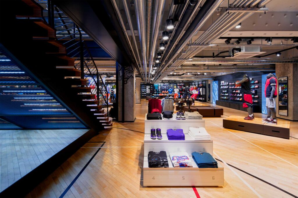 The downstairs area of Nike's largest brand store in Korea, featuring the latest sportswear, located in Gangnam, Seoul.