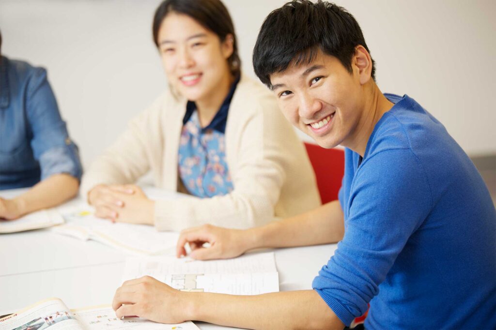 Korean students engage in small group classroom activities to enhance their German language skills at the Goethe Institut in Seoul.