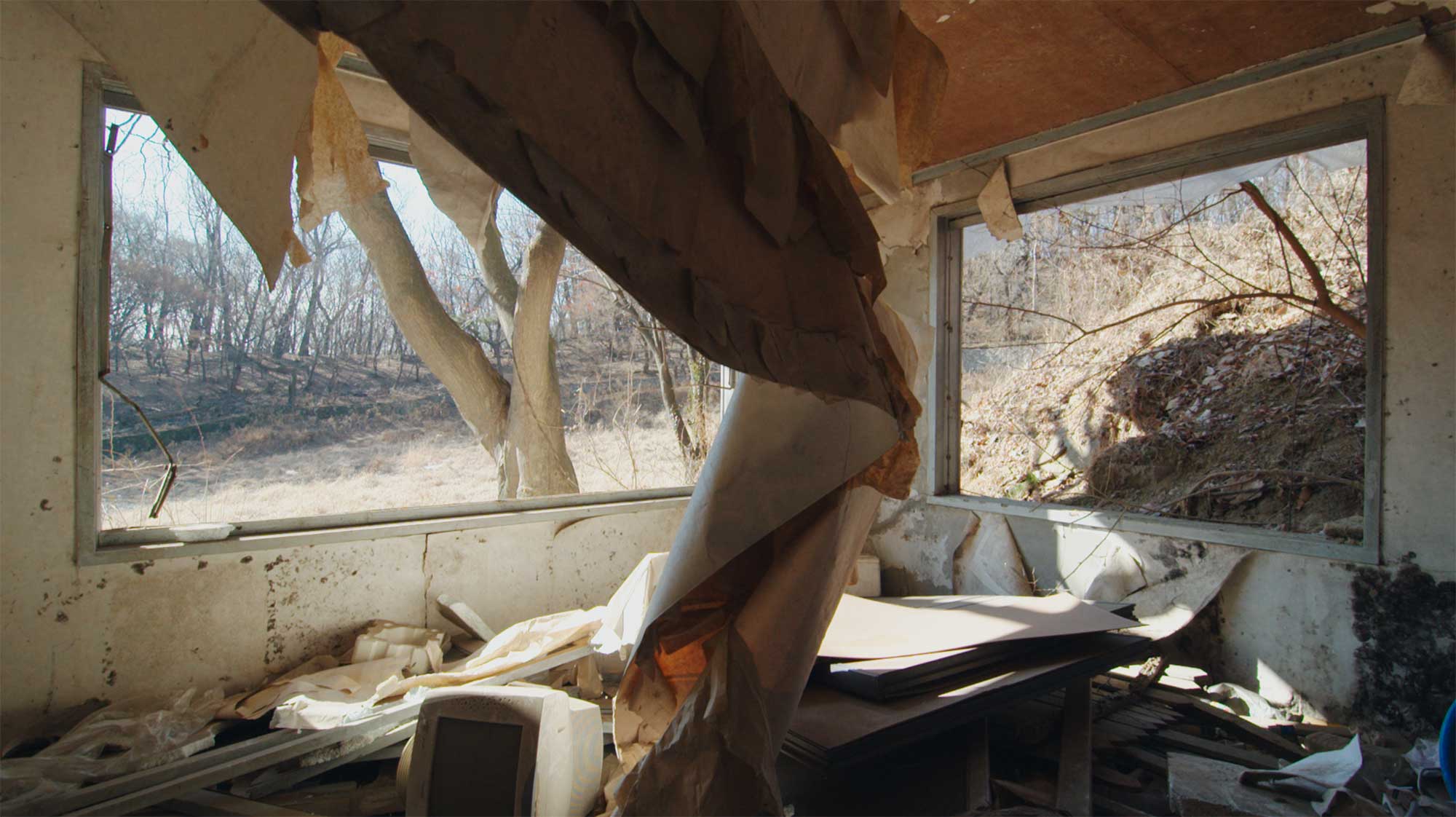 The living room of an abandoned building with wallpaper hanging from the ceiling and all window glass demolished, featured in the film Translating Furniture, showcasing Kwangho Lee's award-winning work.