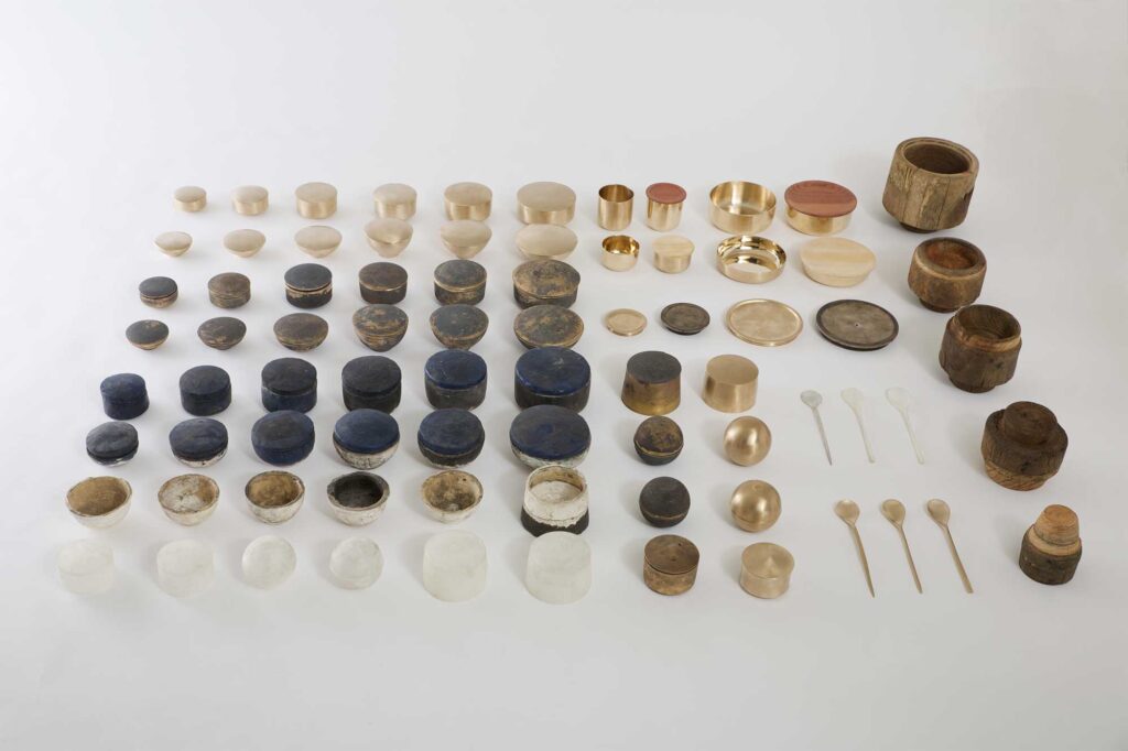 A wide selection of Korean traditional brass kitchenware in different states of polish, designed by Gio Kisang and crafted by YÉOL Artisan of the Year, Kim Soo-Young.