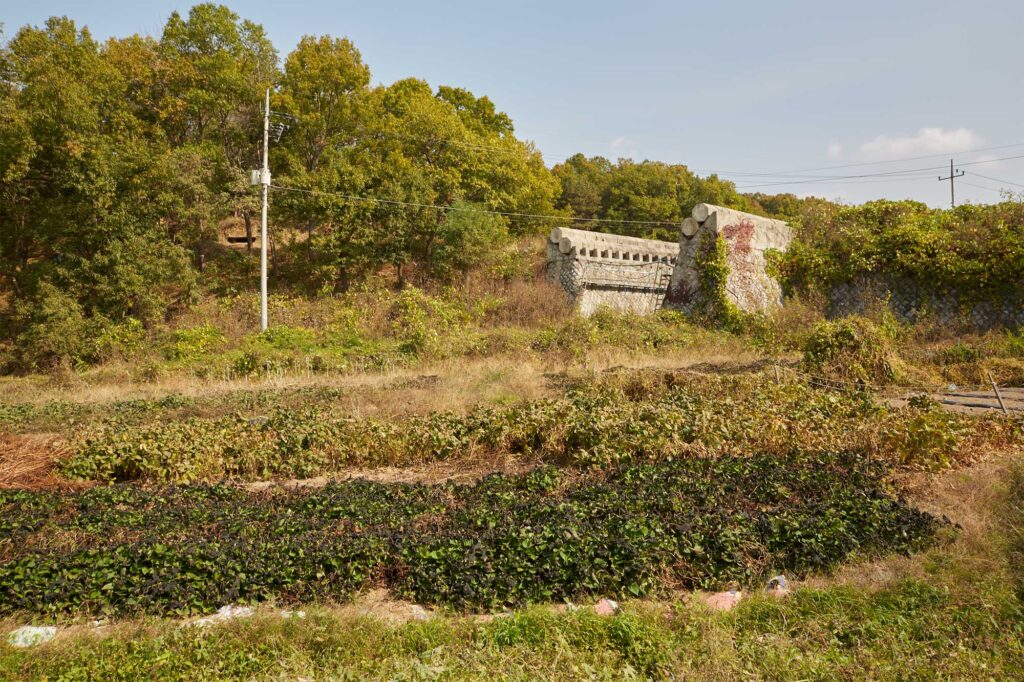 Demolition barriers flanking both sides of a countryside road along the former civilian control line at the Korean Demilitarized Zone in South Korea.