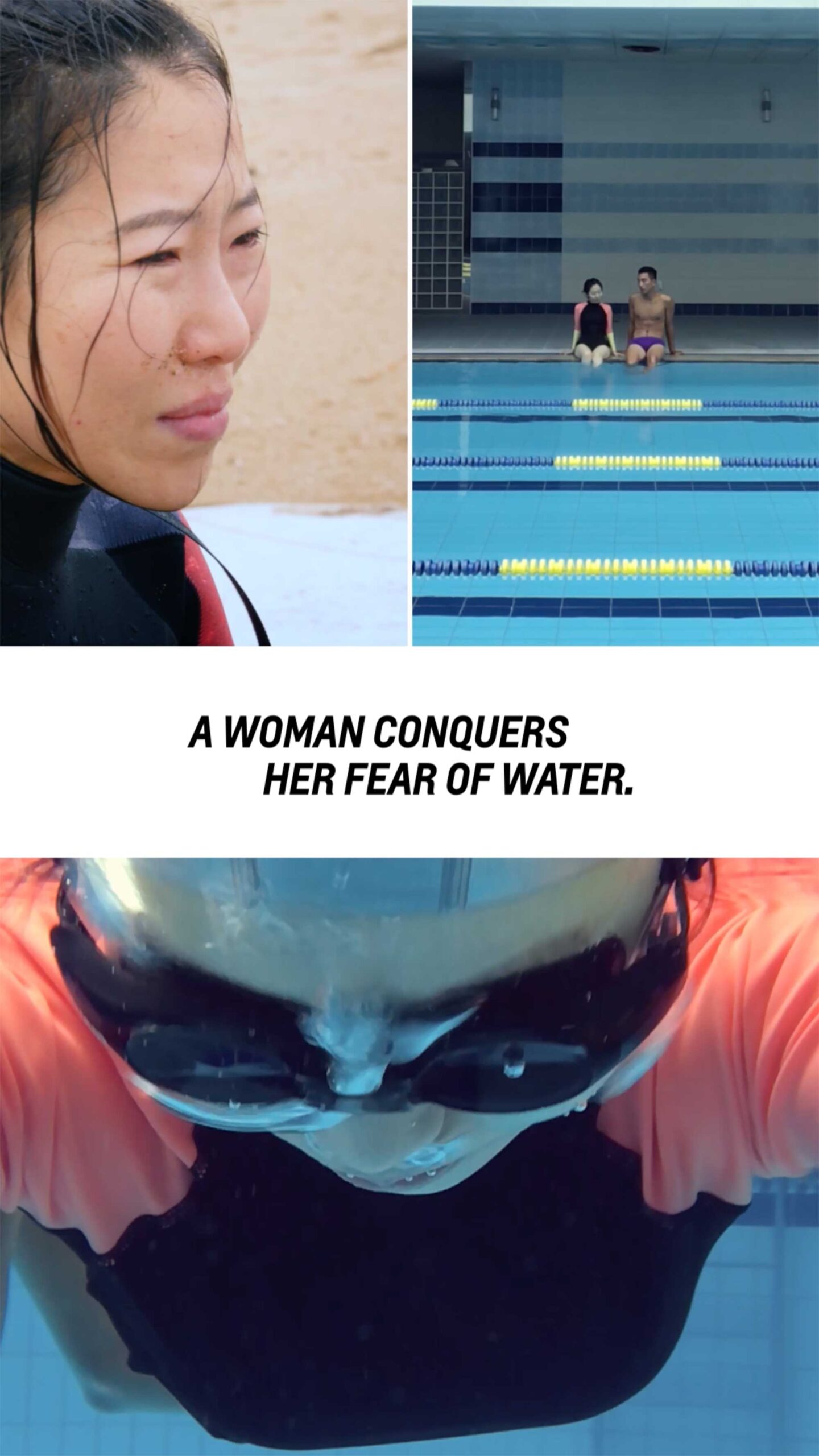 Mihwa, a young Korean woman, during her first pool sessions with her coach, confronting her fear of water as part of the Chevrolet New Year New Roads campaign.