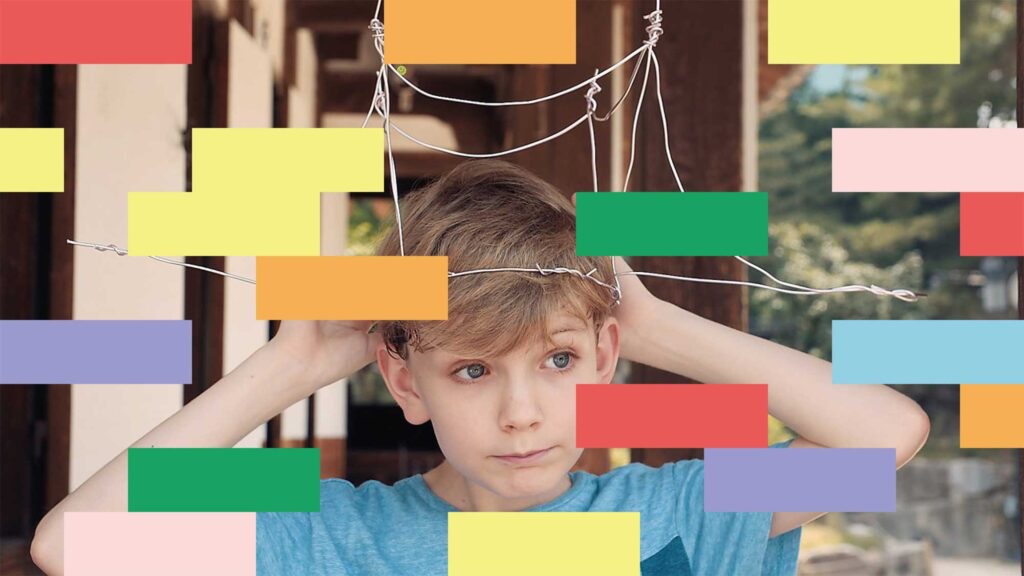 A young boy builds a hat out of wires, resembling the shape of a Hanok-style roof, for short film IF, exploring the meaning of space and architecture.