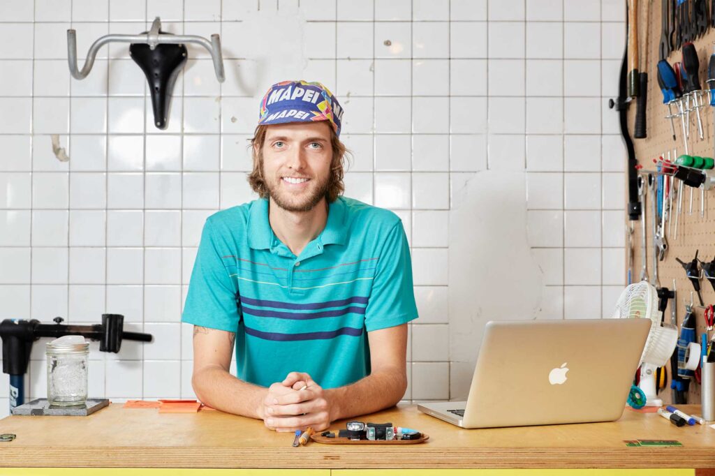 Portrait of bike frame maker Timothy Rhoads in his shop, ALL RHOADS CUSTOM, located in Itaewon, Seoul, South Korea.