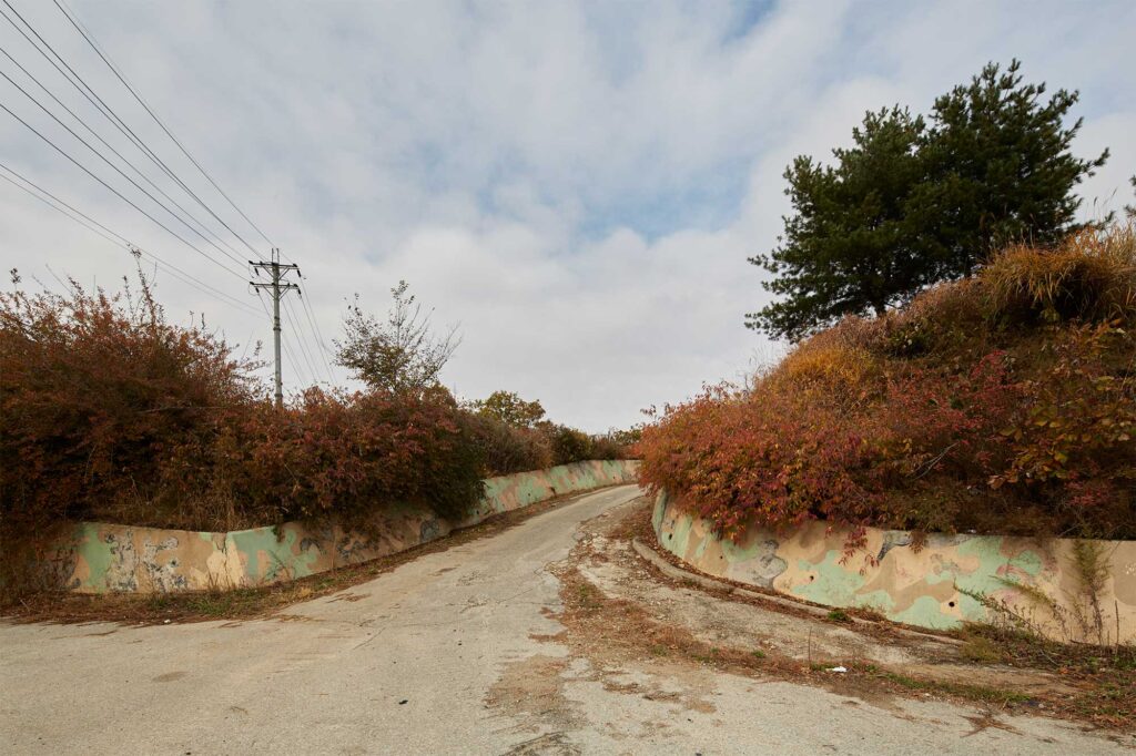 Autumn-colored bushes thrive atop a camouflage-painted wall along the former civilian control line near the Korean Demilitarized Zone in South Korea.