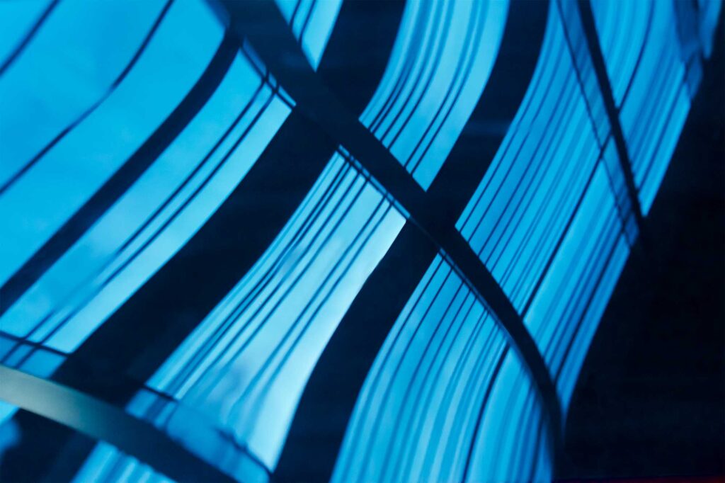 Round, winded reflection on surface creates an intriguing visual effect at SUPER-SPREADER MEDIA VIRUS exhibition, Nam June Paik Art Center, Seoul, South Korea.