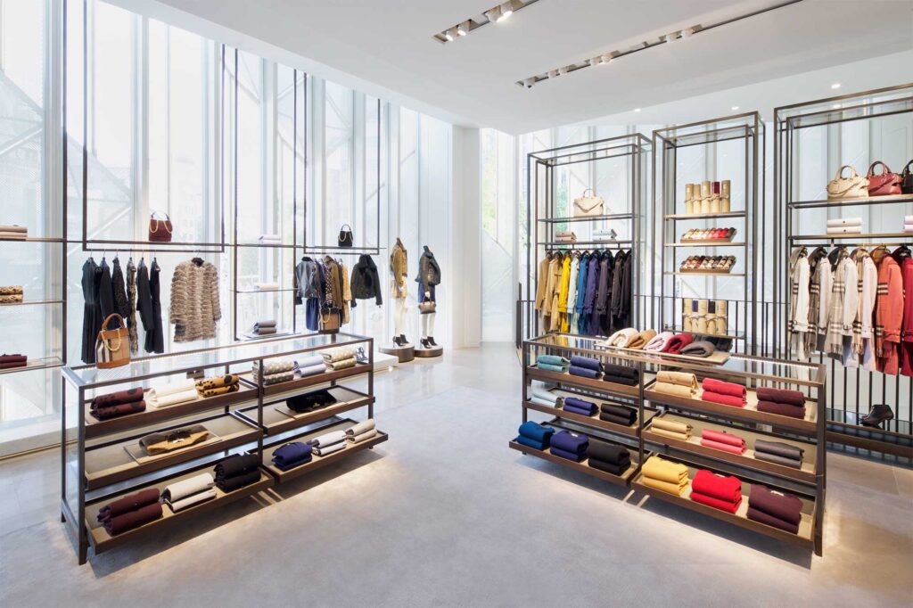 Inside The Burberry Flagship Store in Seoul, South Korea, the latest luxury fashion is artfully arranged on spacious shelves, highlighting the store's unique fusion of classical and modern design elements.