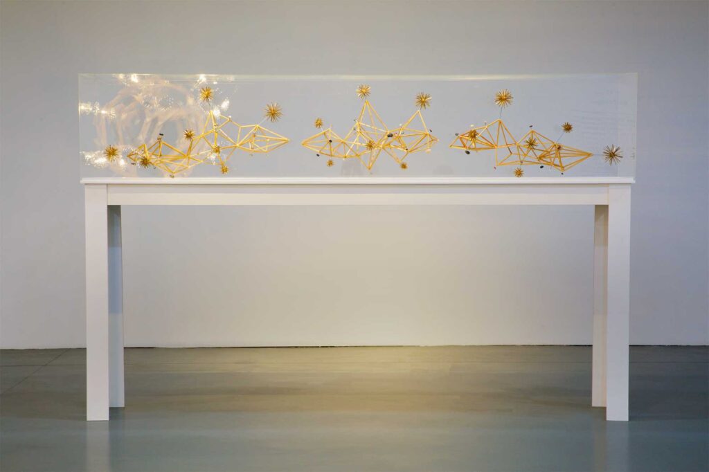 Long showcase at Irony & Idealism exhibition at Gyeonggi Museum of Modern Art, South Korea, features wooden construct resembling intergalactic conglomerate with multiple linked stars or suns.