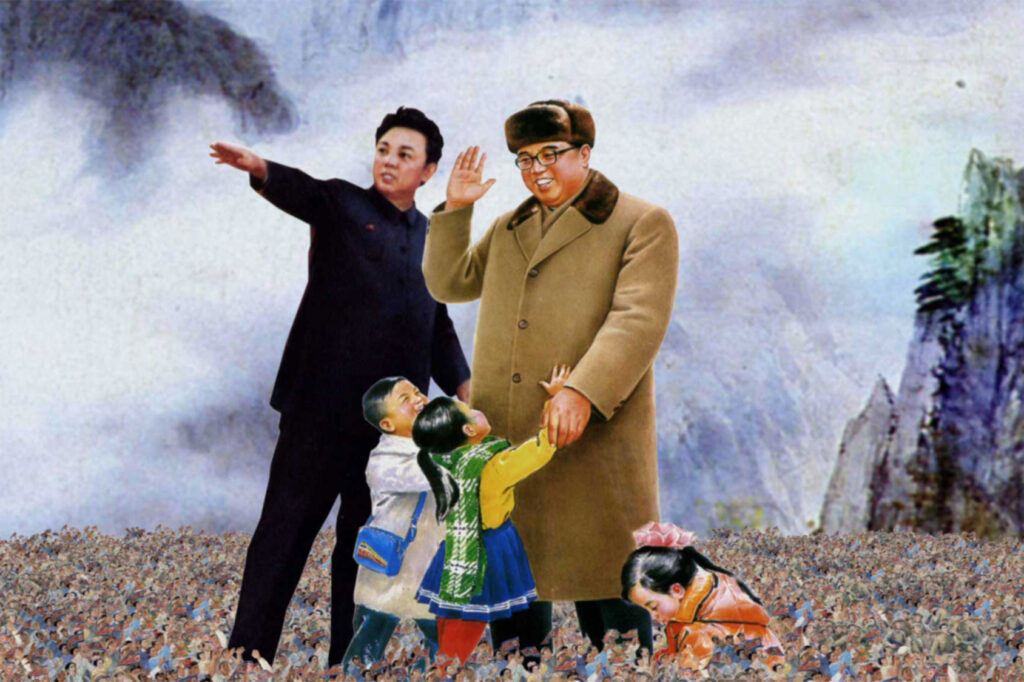 A painted portrait of a young Kim Jong-il and his father, Kim Il-sung, accompanied by three smaller children, set against a scenic North Korean mountain landscape.