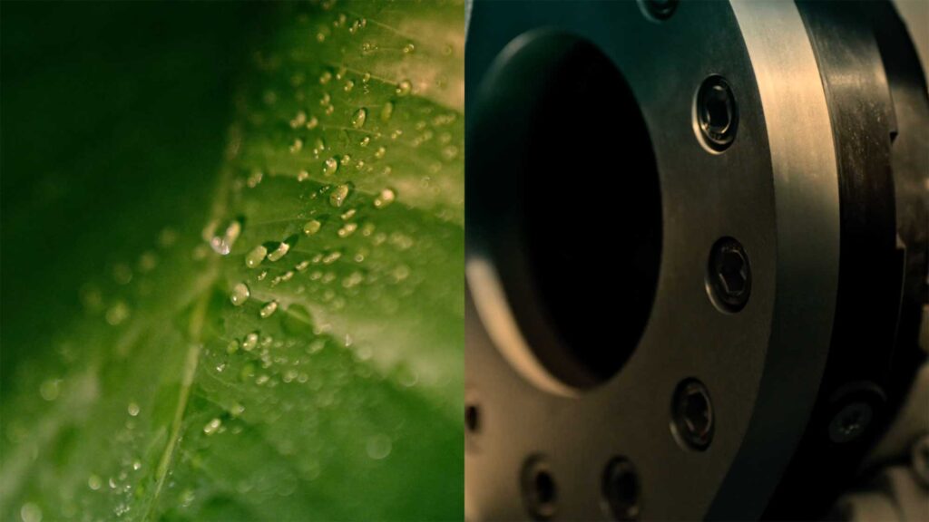 Split composition of dew-covered leaf and Smart Farm machinery.