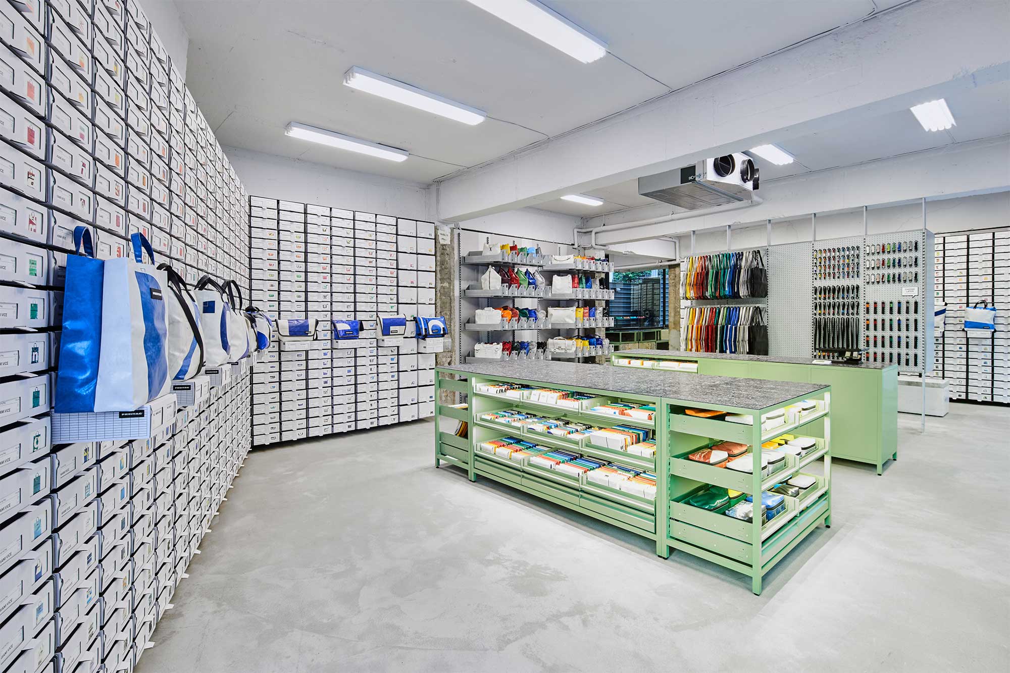 Wide interior view of Freitag Seoul Apgujeong store.