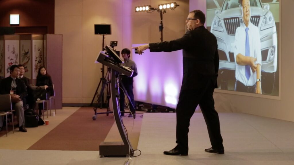 Peter Schreyer presenting design vision for Kia and Hyundai as Chief Design Officer for documentary ZDF Wirtschaftswunder Korea