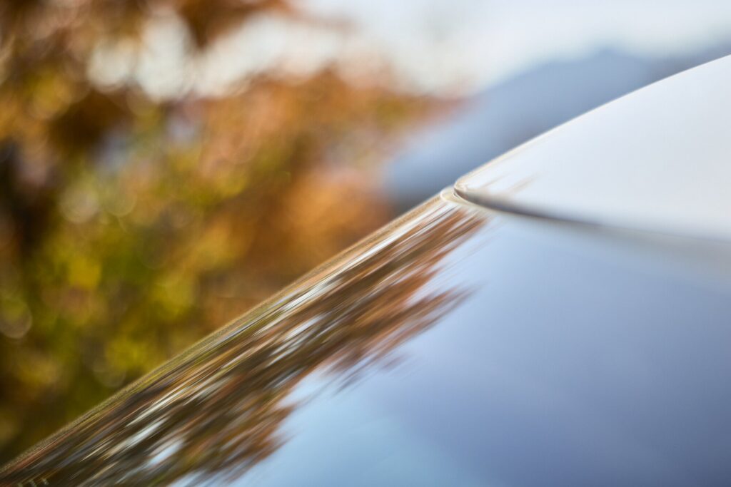 EV9 roofline with soft reflections of autumn foliage at Sayuwon.