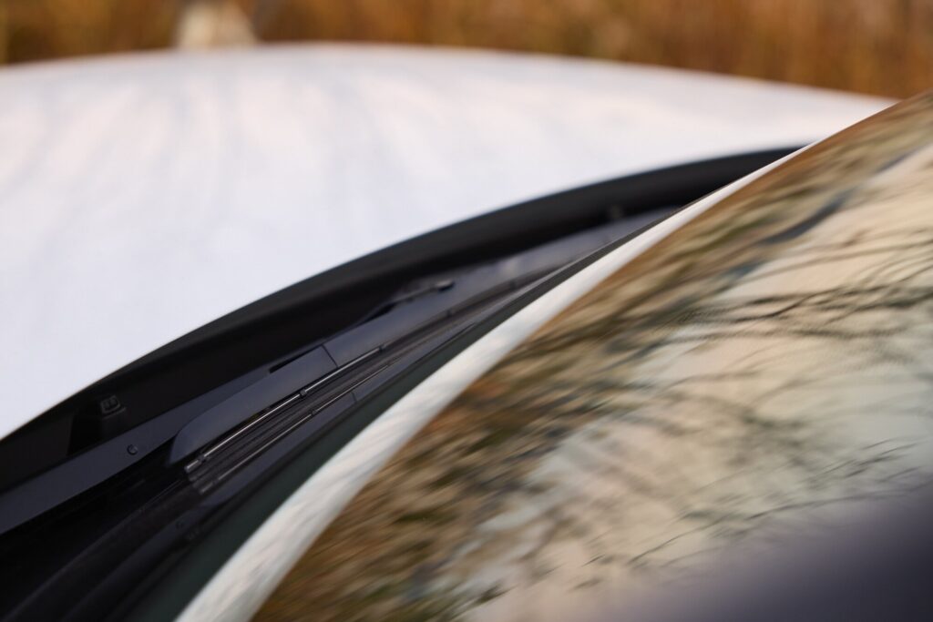 EV9 windscreen reflecting landscape in soft autumn light at Sayuwon.