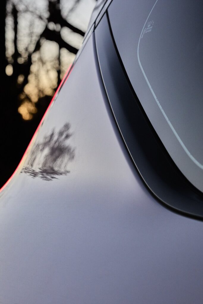 EV9 bodywork capturing reflections, panel lines, and dusk light.