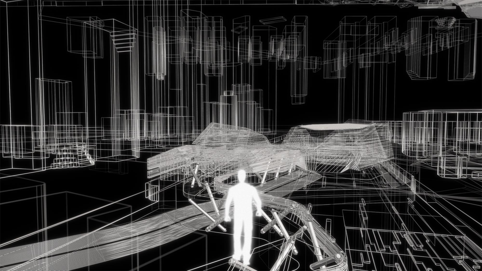 Animated architectural wireframe world with human figure