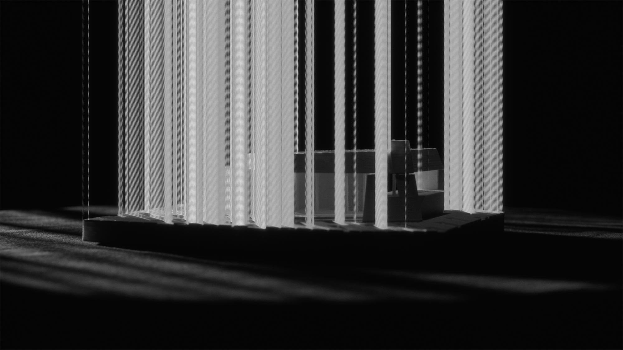 Architectural model with vertical animated structures