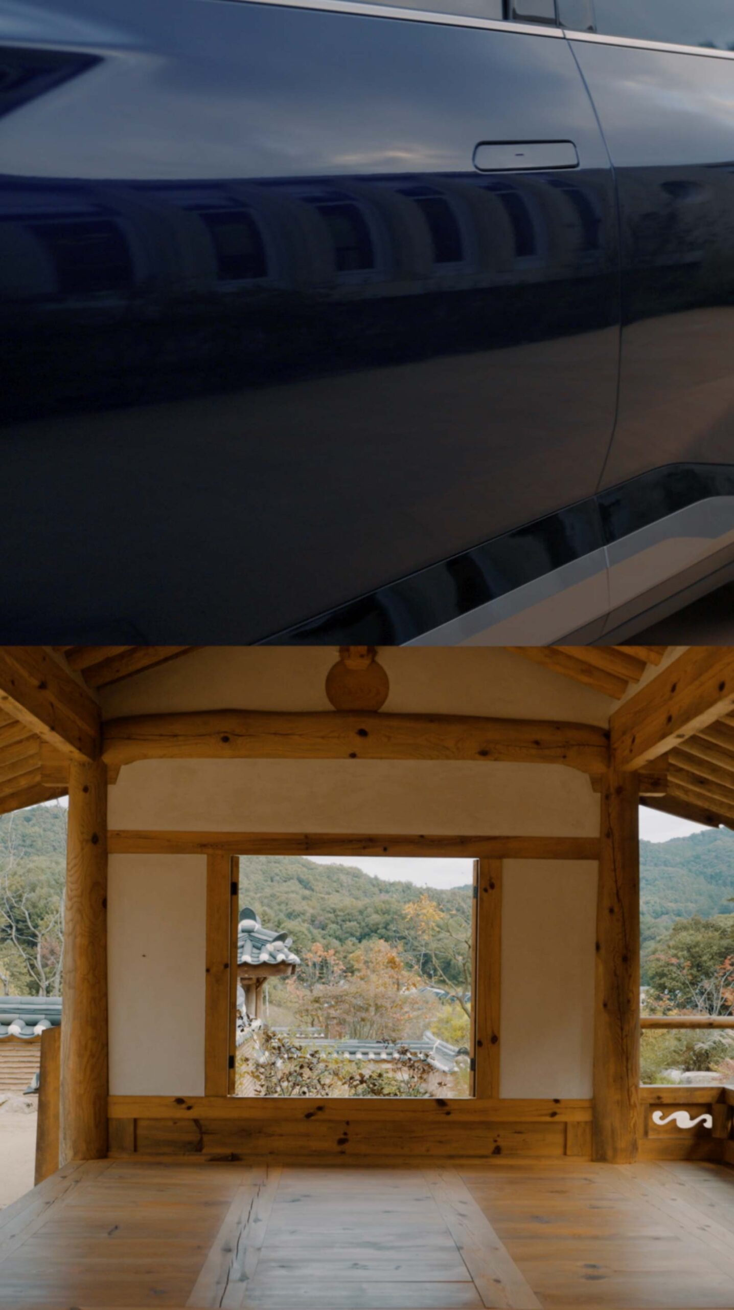 Split screen of Kia EV5 bodywork and Korean architecture at Médongaule