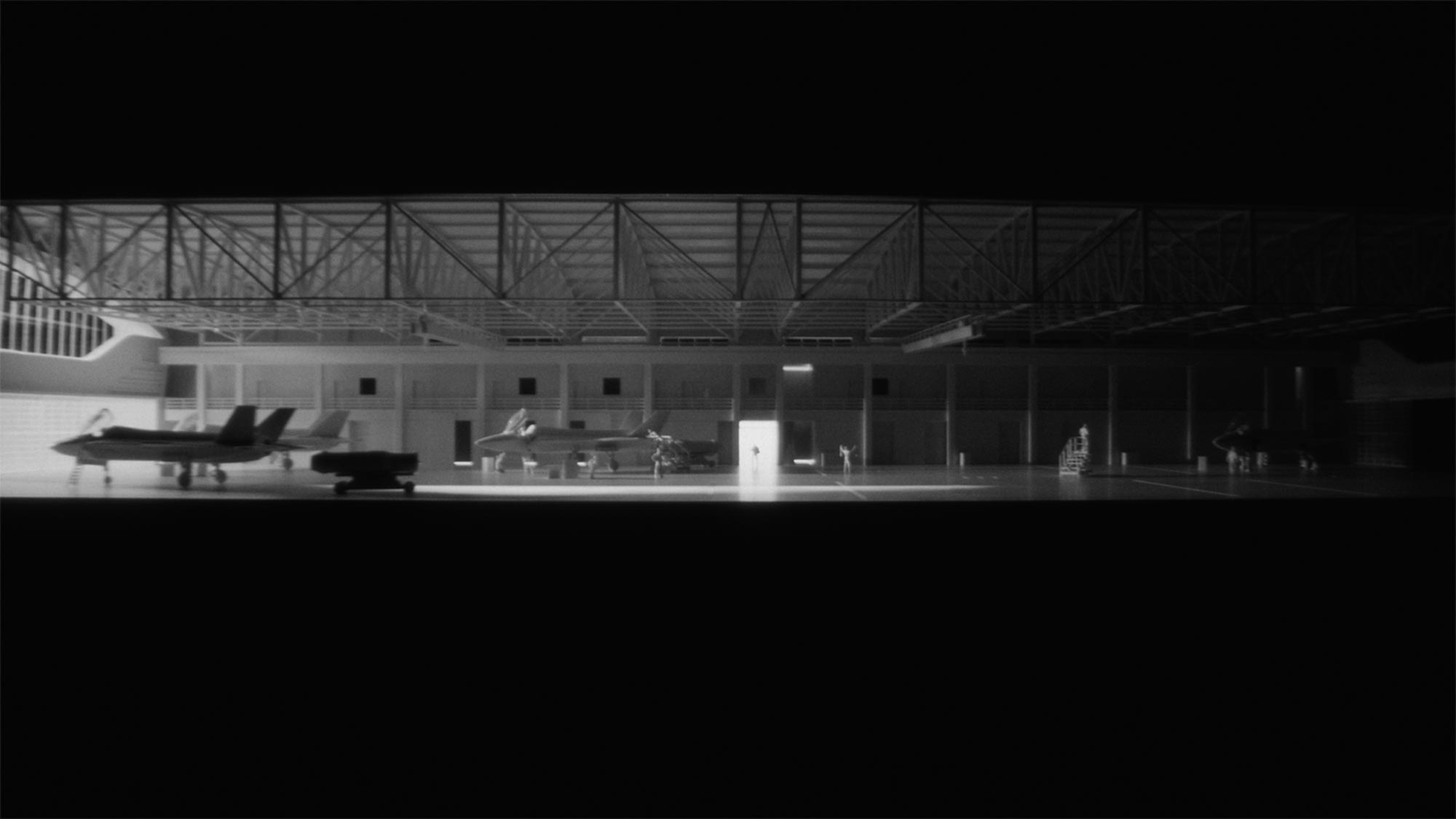 Aircraft hangar architectural model with fighter jets