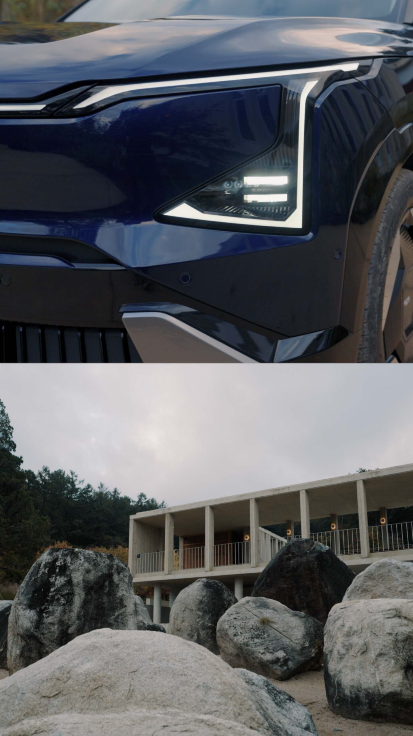 Kia EV5 headlight paired with Médongaule architecture in split screen