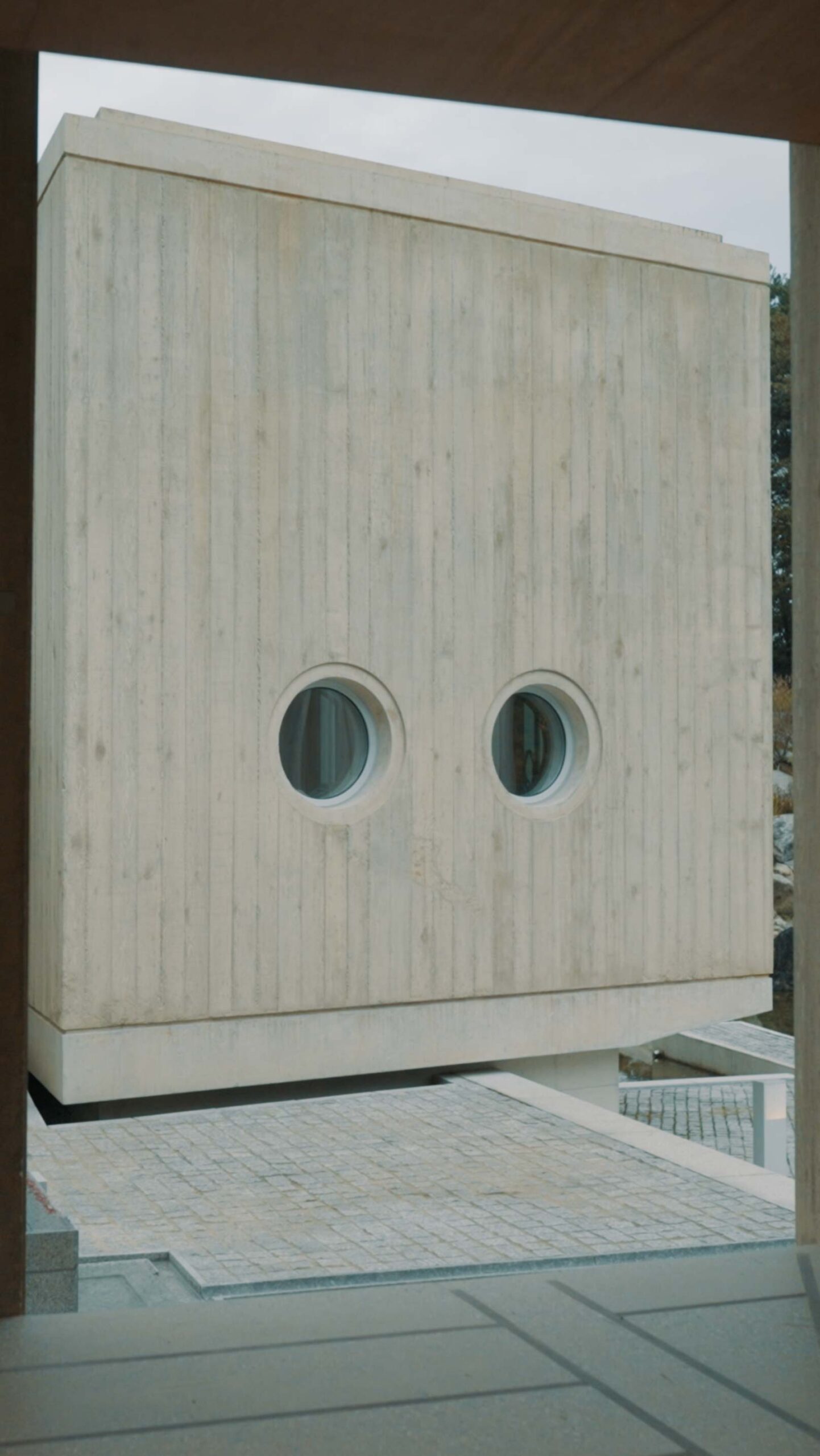 Médongaule concrete architecture with distinctive circular windows
