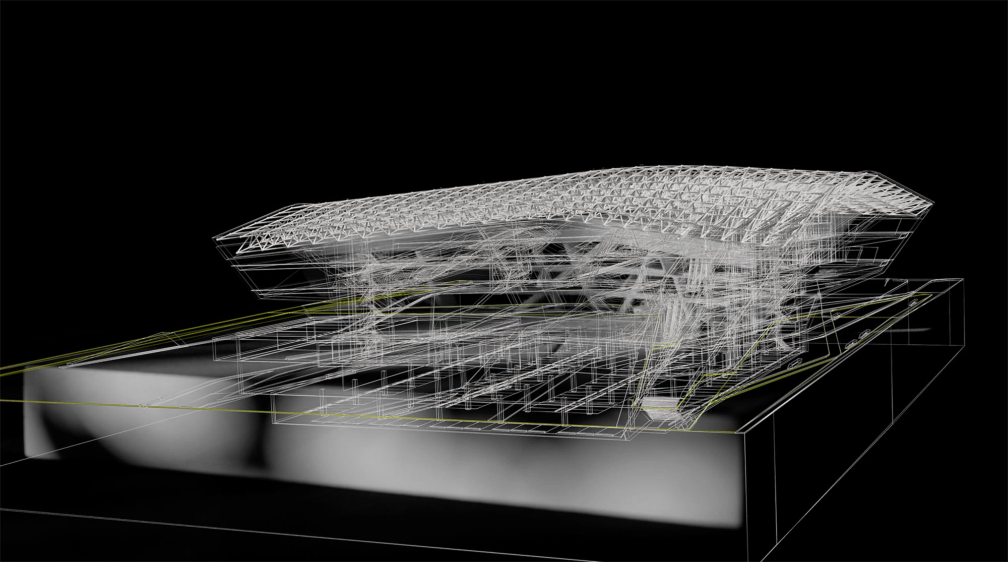 Wireframe architectural model revealing structural design