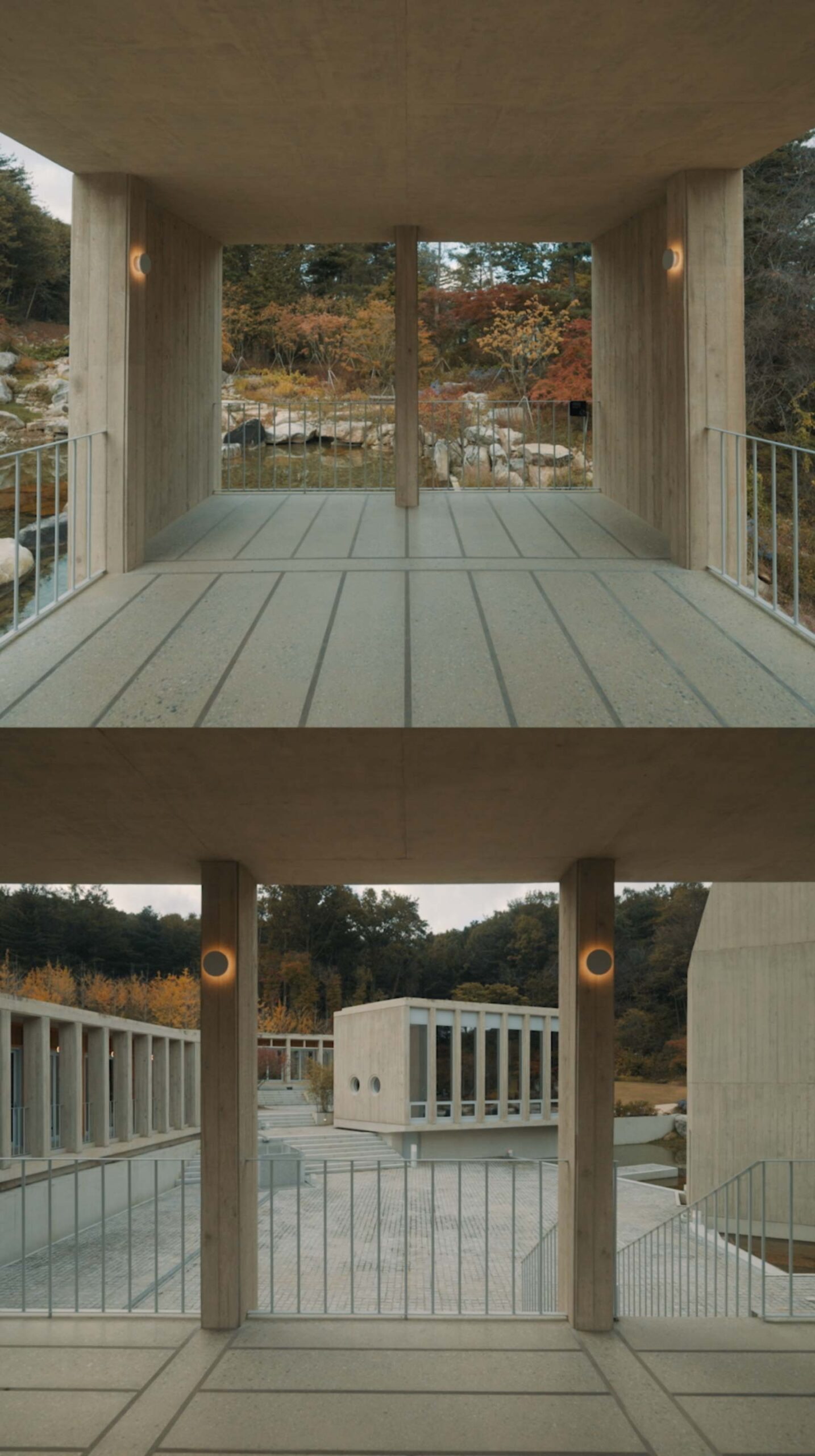 Split-screen views of Médongaule courtyard and autumn gardens