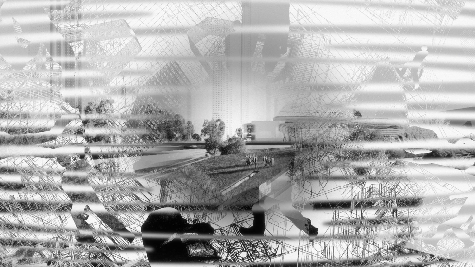 Abstract architectural visualization with organic structures and landscape