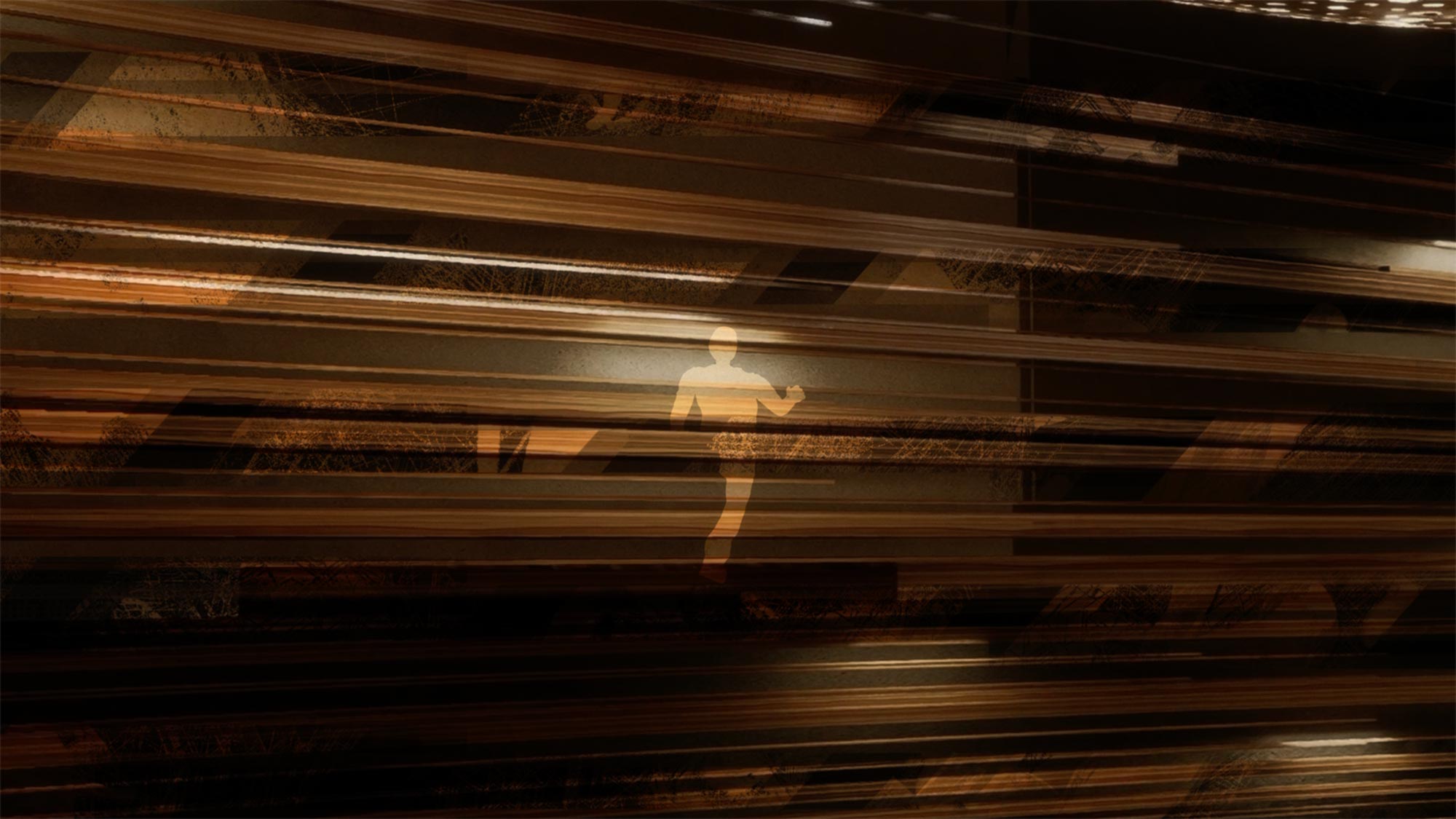 Human figure moving through layered organic architectural forms