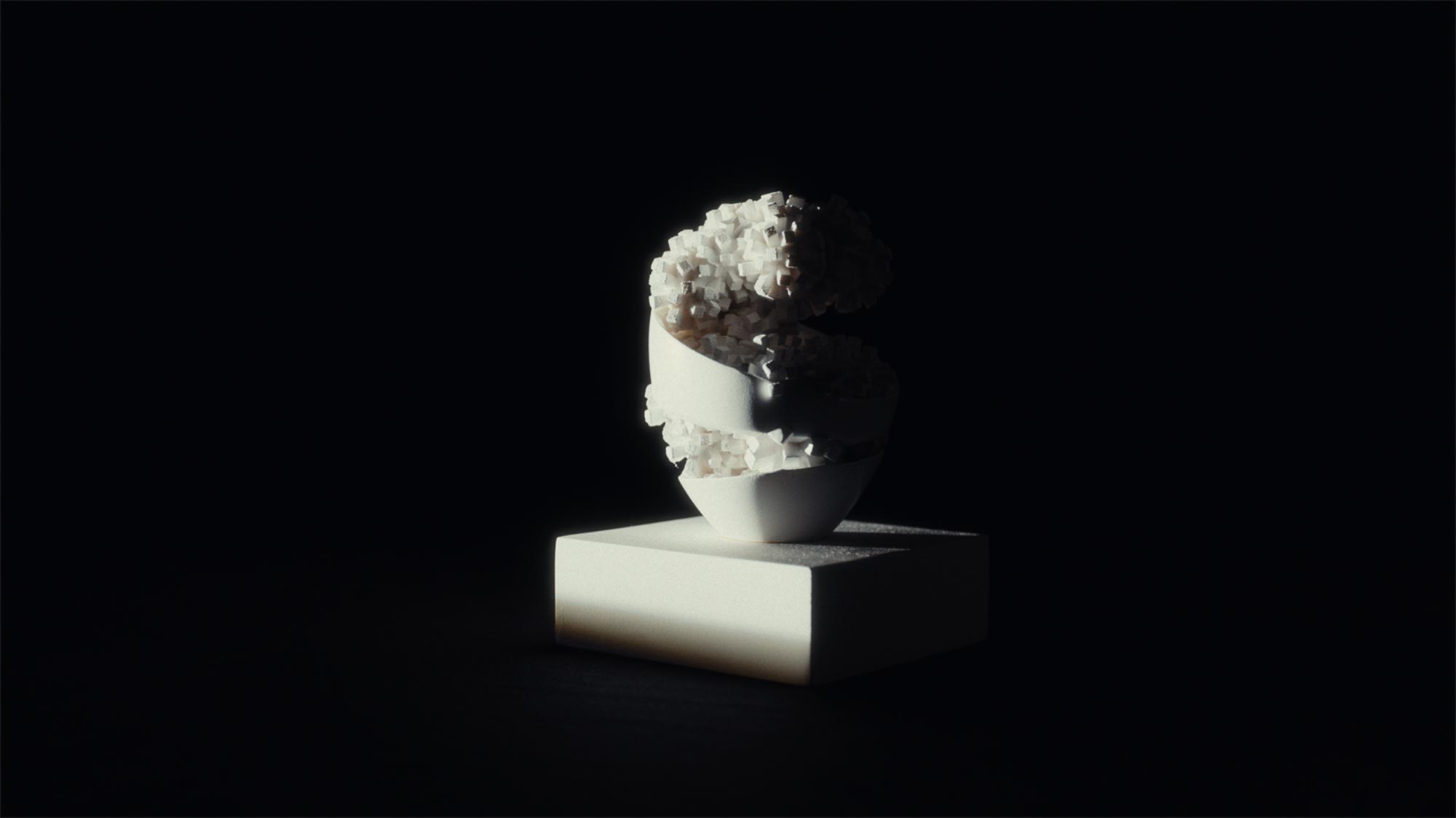 Sculptural organic architectural model against dark background