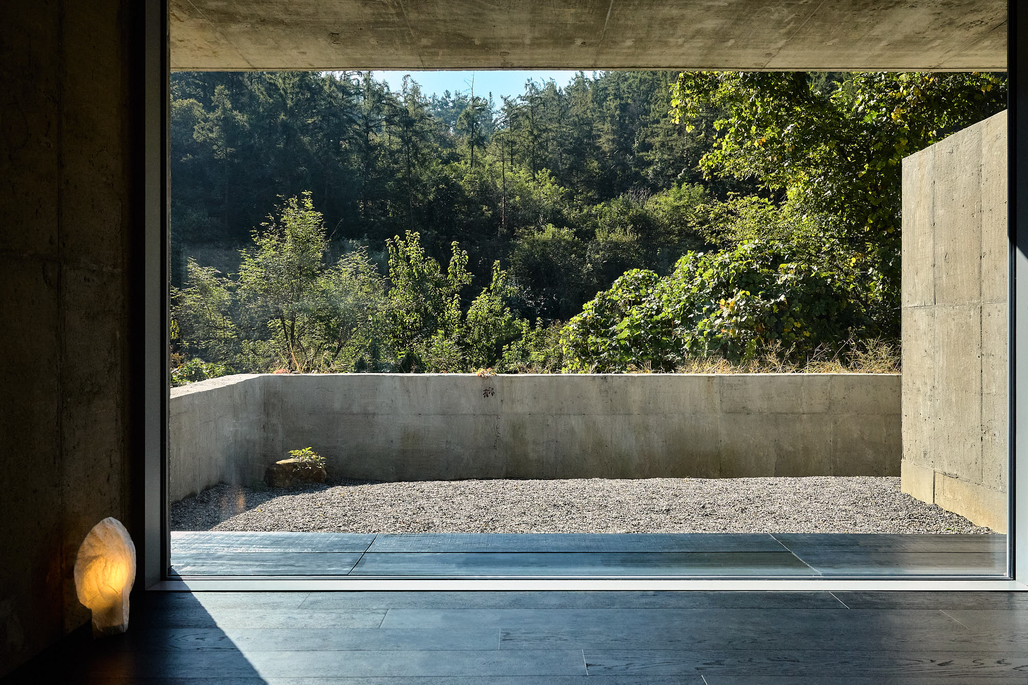 Myök interior overlooking concrete courtyard and surrounding forest