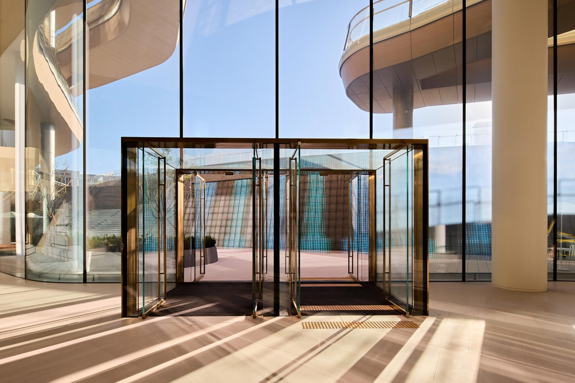 Glass entrance at Hana Bank Headquarters by NBBJ