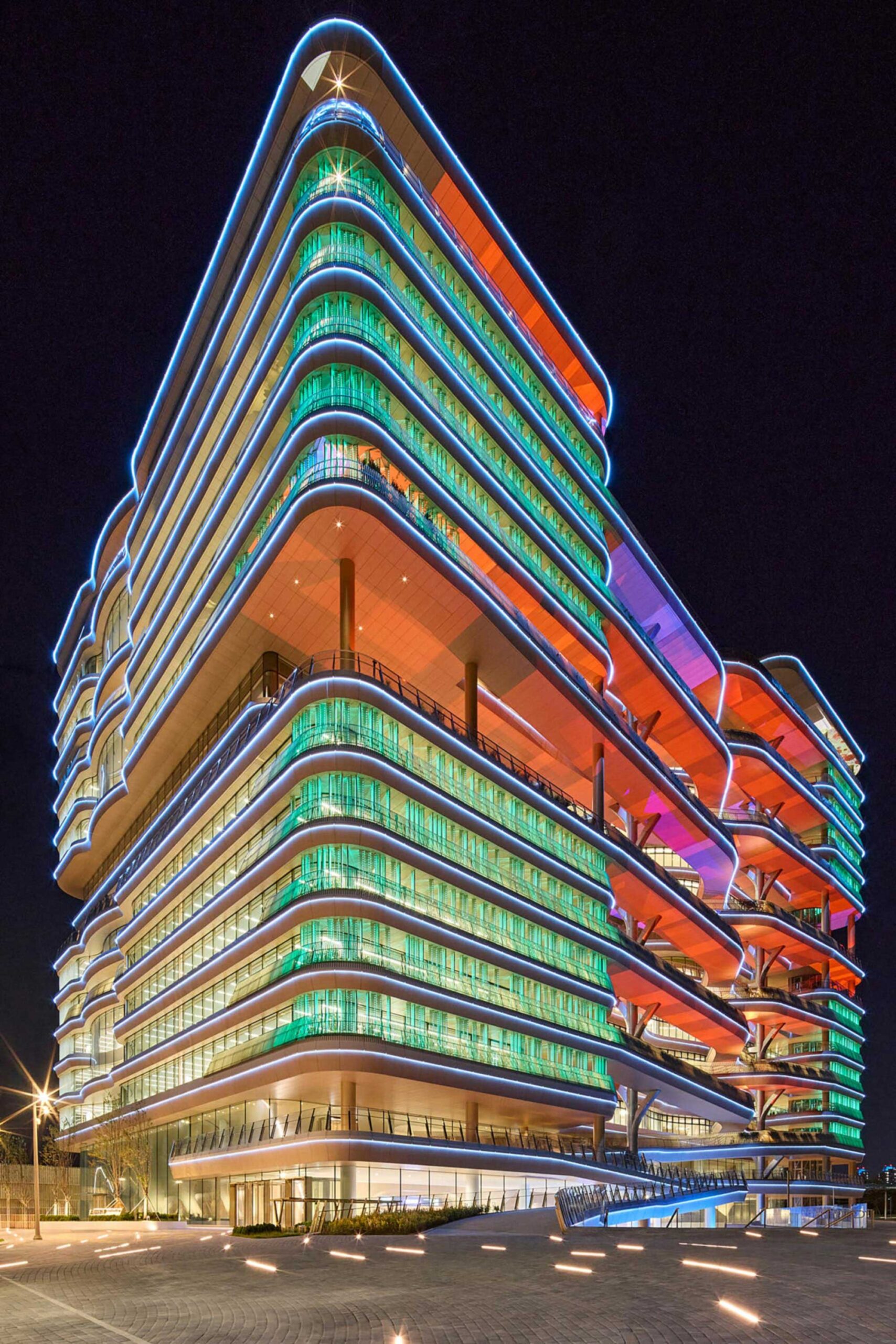 Hana Bank Headquarters by NBBJ with colorful facade lighting